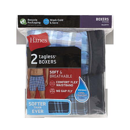 Walmart has 2-Pack Hanes Men's Tagless Boxers Underwear (Blue Plaid, L or XL) for $5. Shipping is free w/ Walmart+ (free 30-day trial) or on orders of $35+.

Thanks to Deal Hunter Bojjihuntinde
