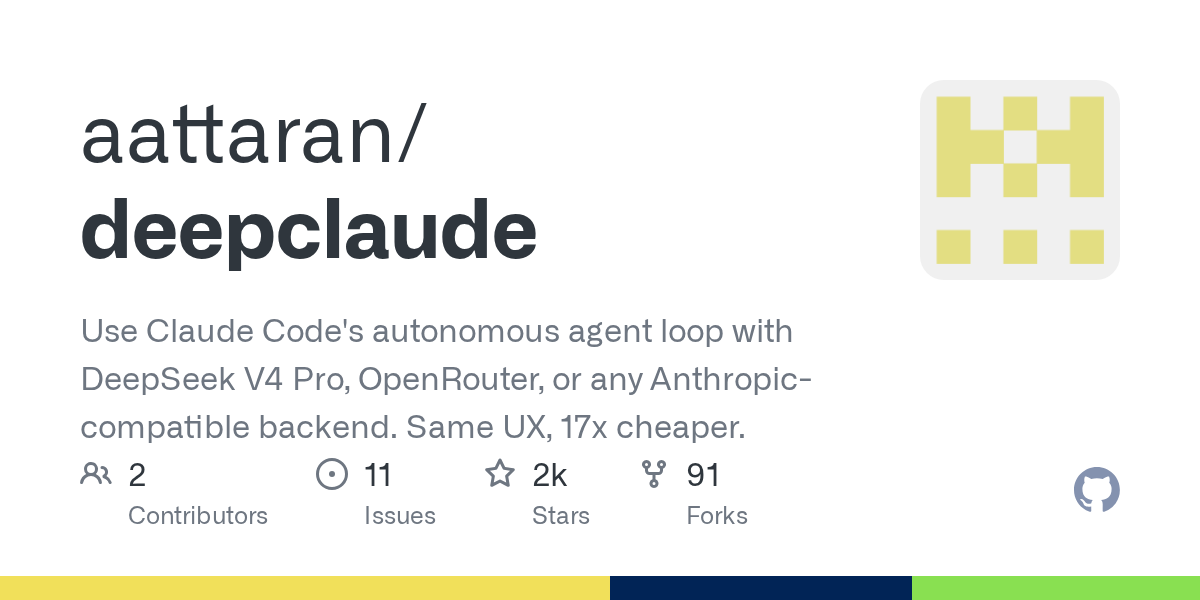 Use Claude Code's autonomous agent loop with DeepSeek V4 Pro, OpenRouter, or any Anthropic-compatible backend. Same UX, 17x cheaper. - aattaran/deepclaude