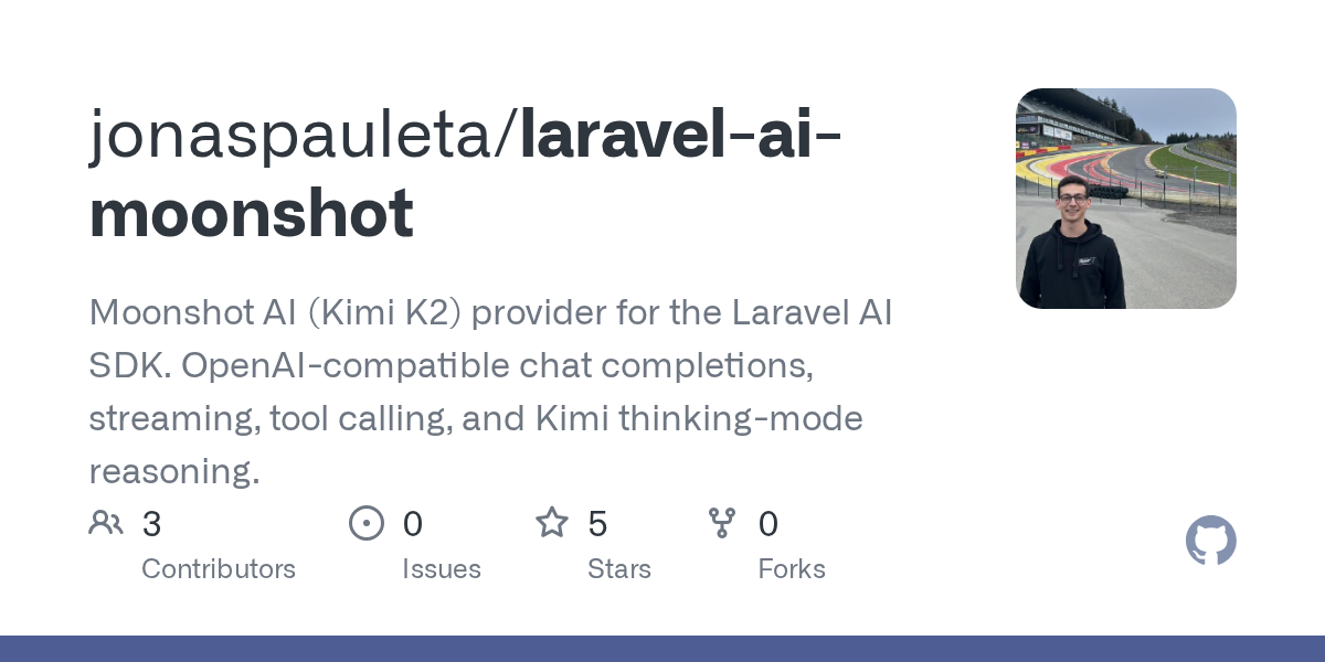Moonshot AI (Kimi K2) provider for the Laravel AI SDK. OpenAI-compatible chat completions, streaming, tool calling, and Kimi thinking-mode reasoning. - jonaspauleta/laravel-ai-moonshot